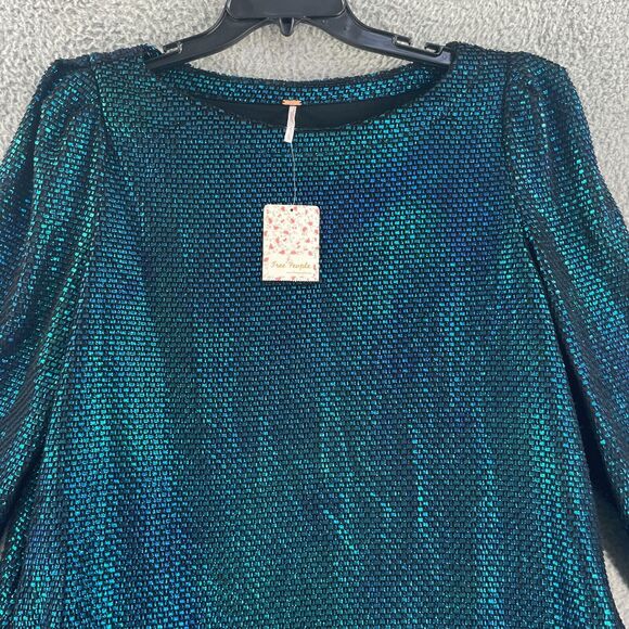 Free People Dress Diamond Forever Flowy Tunic L Blue metallic Pocket Cocktail - Picture 4 of 12